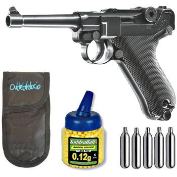 Outletdelocio Pack Pistola Airsoft Umarex U25874. P08 Legends. Calibre 6mm. + Funda Portabalines + Biberon 1000 Bolas + bombonas Co2