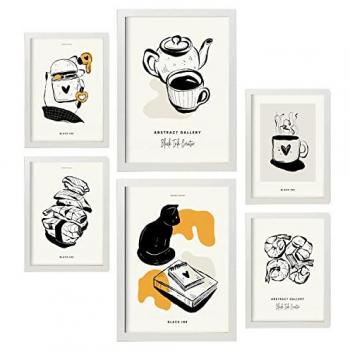 Set de 6 Posters Artísticos en Tinta Negra Día de Descanso con Marcos Blancos - Decoración Abstracta para Interiores (Tamaños A3 y A4)