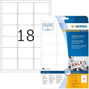 Etiquetas A4 Herma 4203, blancas, 63.5 x 46.6 mm, removibles y autoadhesivas, papel mate, paquete de 450 etiquetas (25 hojas)