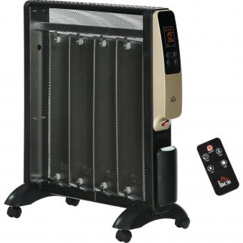 HOMCOM Calefactor Eléctrico 1000W/2000W Radiador de Mica con Pantalla LED, Mando a Distancia, Termostato, Temporizador y 4 Ruedas para Áreas