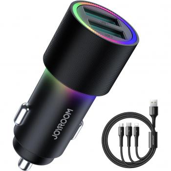Cargador de coche Joyroom JR-CL10, 24W, luz LED, con cable 3 en 1 (Lightning + Type-C + Micro), 1.2m, negro