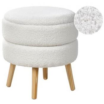 Taburete moderno tapizado de bouclé con almacenaje y patas de madera blancas Okaton