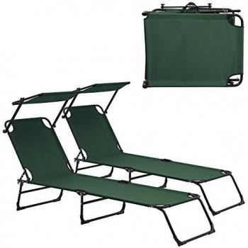 Set de 2 tumbonas plegables con parasol 190cm verde oscuro de acero Casa.pro