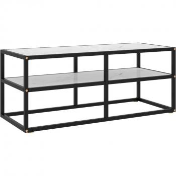 Mueble para TV de vidrio templado y mármol blanco 100x40x40 cm, mueble de salón, mesa de TV, color negro