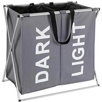 WENKO Saco para la ropa sucia Duo gris - 2 cámaras para la ropa, plegable Capacidad: 120 l, Poliéster, 59 x 57 x 38 cm, Gris