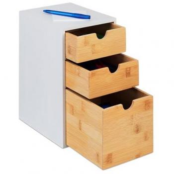 Cajonera Organizador de Oficina en Bambú y MDF con 3 Cajones, Dimensiones 28 x 17 x 21,5 cm, Color Natural/Blanco