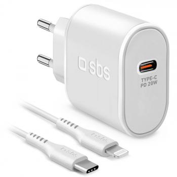 SBS TETRKITPD20LIGW Cargador de Pared con Cable Lightning a USB-C, 20W, Carga Rápida, Compatible con Smartphone, Color Blanco