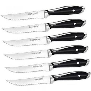Homgeek - Juego de cuchillos resistentes de hoja fina para carne, 6 unidades, acero inoxidable alemán X50Cr15, color negro