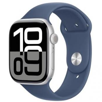 Apple Watch Series 10 GPS + Cellular 46mm Caja Aluminio Plata con Correa Deportiva Azul Denim M/L - Smartwatch con monitor de entrenamiento, App ECG, Pantalla Retina Siempre Activa, Conectividad 4G,