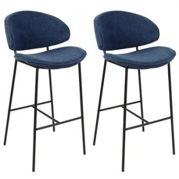 Conjunto de 2 sillas de bar modernas con asiento tapizado en tela, respaldo curvo, sin reposabrazos y patas negras - Azul Marino Kiana