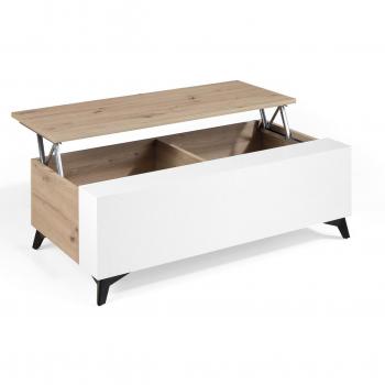 Mesa de Centro Elevable HANOVER en MDF Roble Claro y Blanco con Patas de Metal Negro