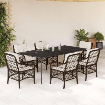 7-Piece Brown Poly Rattan Garden Dining Set with Cushions
