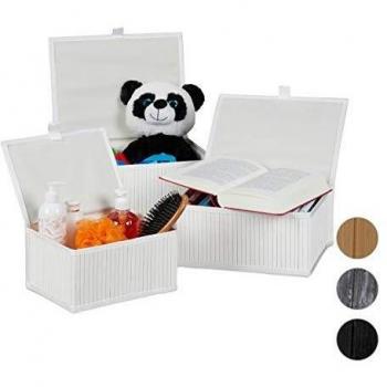 Set de 3 Cestas de Almacenaje de Bambú con Tapa, Contenedores Decorativos, Blanco