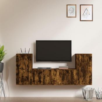 Set de muebles de TV 4 piezas madera contrachapada roble ahumado marrón
