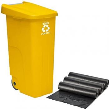 Contenedor Wellhome Reciclo 110 litros, cerrado con tapa, ideal para reciclaje de plásticos, con ruedas + 30 bolsas de basura