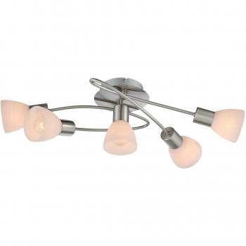 Plafón moderno Globo Panna 5 luces E14 níquel mate y cristal blanco, dimensiones 61x36,5x21 cm