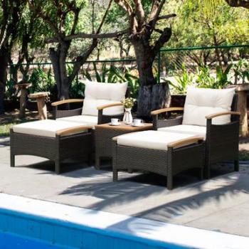 5-Piece Off White Cushioned Rattan Patio Conversation Set with Coffee Table & Ottomans