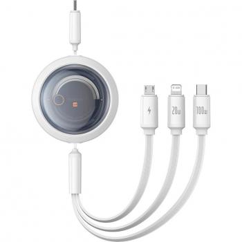 Cable Retráctil Baseus Free2Draw 3 en 1 USB-C/Lightning/MicroUSB 100W 1.1m Blanco