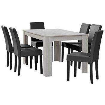 Conjunto de Mesa de Comedor Forssa 140x90 cm + 6 Sillas de Polipiel - Roble Blanco y Gris Oscuro
