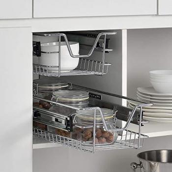Set de 2 Cestos Extraíbles con Rieles Telescópicos de Acero Color Plata 37 x 44 x 14 cm para Cocina o Baño