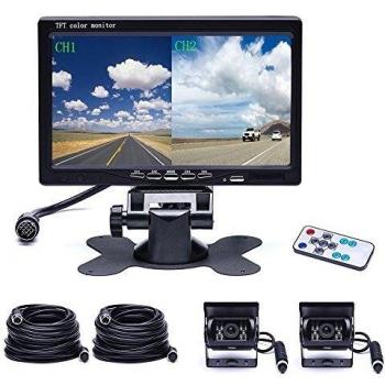 CAMECHO 12V-24V Sistema Cámara de Marcha Atrás Vehículo,7 Pulgadas 4 Split HD Coche Monitor+ 4 Vision Nocturna Impermeable Cámara Trasera+ 4 Pines 33 ft Aviación Cables para Coche/RV/Autobús/Remolque