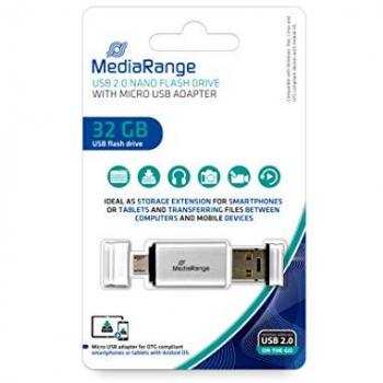 Memoria USB 32 GB Combo Micro USB y USB Type-A, MediaRange MR932-2, Negro y Plata
