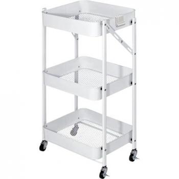 Carro Auxiliar Plegable Multiusos Blanco con 3 Niveles y Ruedas Bloqueables