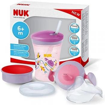 NUK 3-in-1 Learning to Drink Set with Trainer Cup (6+ Months), Magic Cup 360° Drinking Cup (8+ M) & Action Cup Drinking Bottle Children (12+ M) | 230 ml | BPA-Free | Purple Crab