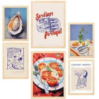 Set de 6 Pósters Pop Art de Alimentos y Comida con Diseño Mediterráneo para Decorar Paredes del Hogar A3 y A4 Sin Marco