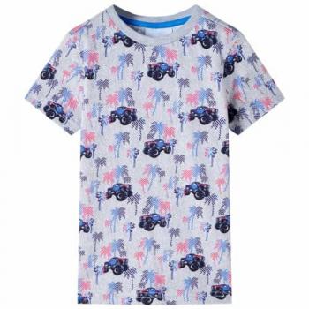 Camiseta Infantil de Manga Corta con Estampado de Coches en Gris Melange Talla 128