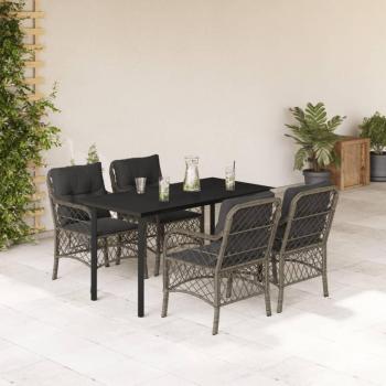 5-Piece Grey Poly Rattan Garden Dining Set with Cushions