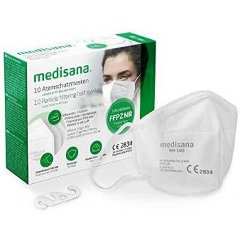 medisana FFP2 10x Mascarilla de Protección Persona, Mascara antipolvo, RM 100 Máscara de protección bucal de 3 capas Máscara facial en una bolsa de PE - certificada CE 2834 - UE 2016/425
