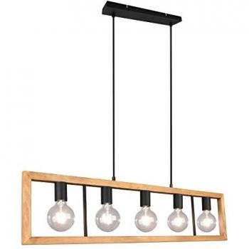Lámpara Colgante Jaula Rectangular de Madera 5 Luces en Color Natural y Negro, Modelo AGRA, con portalámparas E27