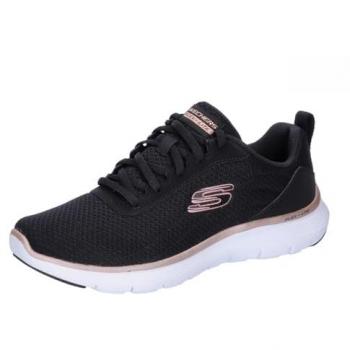 Zapatillas Skechers Flex Appeal 5.0 para mujer, color negro con detalles en oro rosa, malla transpirable, diseño ligero y cómodo, talla 41 EU