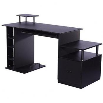 HOMCOM Mesa de Ordenador PC 120 cm Mesa Escritorio de Oficina con Múltiples Estantes Cajón Bandeja de Teclado Soportes para Monitor Impresora y CPU 152x60x88 cm Negro
