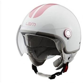 Casco Moto LEM - Roger Go Fast, BLANCO BRILLO CON DOS RAYAS ROSAS