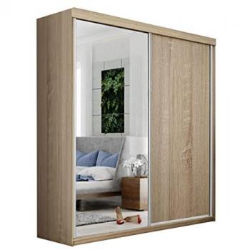 Armario corredero Sahara 23/200 con espejo, roble sonoma, 2 puertas, 9 estantes y barra para colgar
