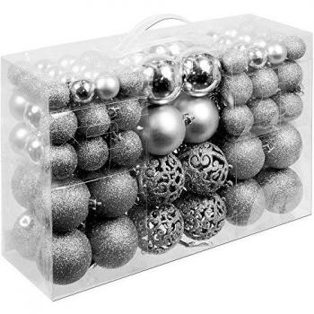 Set de 100 Bolas de Navidad Plateadas - Decoración para Árbol de Navidad, Variedad de Tamaños y Acabados