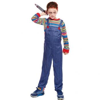 Disfraz de Muñeco Asesino para niño - Incluye máscara, overol rojo y camiseta negra, disponible en tallas S, M y L, material 100% poliéster, ideal para Halloween y fiestas temáticas