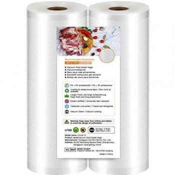 Bolsas de Vacio para Alimentos,28 cm x 6 m, Rollos al Vacio Gofradas para Conservación de Alimentos y Sous Vide rollos para envasadora al vacio, sin BPA, reutilizables 2 rollos