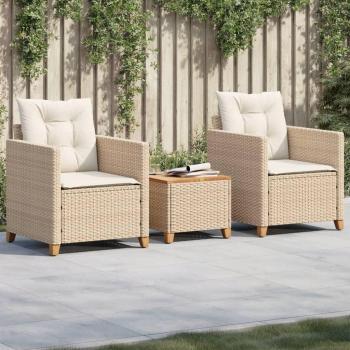3-Piece Bistro Set with Beige Cushions, Poly Rattan and Acacia Wood