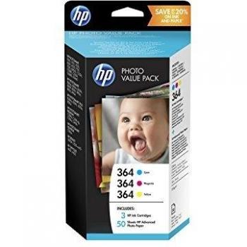 HP 364 T9D88EE, Pack de Ahorro Fotográfico con 3 Cartuchos de Tinta Originales (Cian, Magenta, Amarillo) y 50 Hojas de Papel Fotográfico 10x15cm para Impresoras HP Photosmart C5380, C6380 y D5460