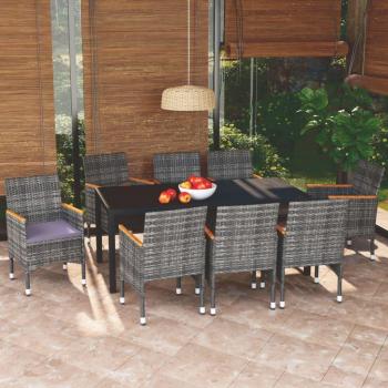 9-Piece Grey Poly Rattan Garden Dining Set with Cushions