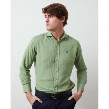 Altonadock - Camisa de lino verde para hombre con cuello clásico