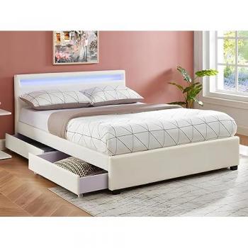 Cama 140 x 190 cm con compartimentos - Piel sintética blanca con LEDs + colchón - ALOIS II