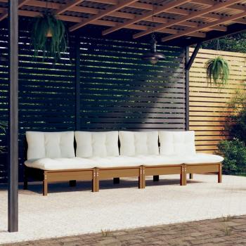 Sofá de jardín de 4 plazas con cojines crema de pino macizo