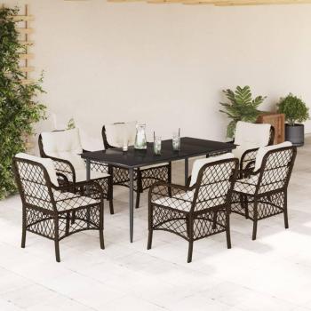 7-Piece Brown Poly Rattan Garden Dining Set with Cushions