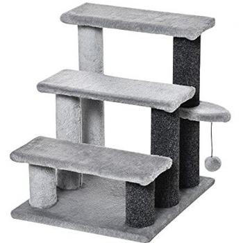 Escalera para Gatos PawHut de 3 Escalones con Rascador y Bola Colgante, Aglomerado de Madera y Poliéster Gris, 45x40x48 cm