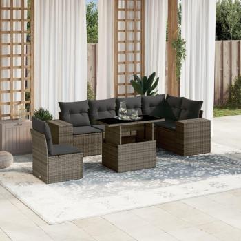 7-Piece Grey Poly Rattan Garden Sofa Set with Cushions