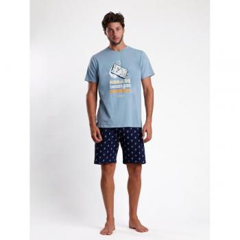 Pijama corto de hombre de punto azul con diseño moderno